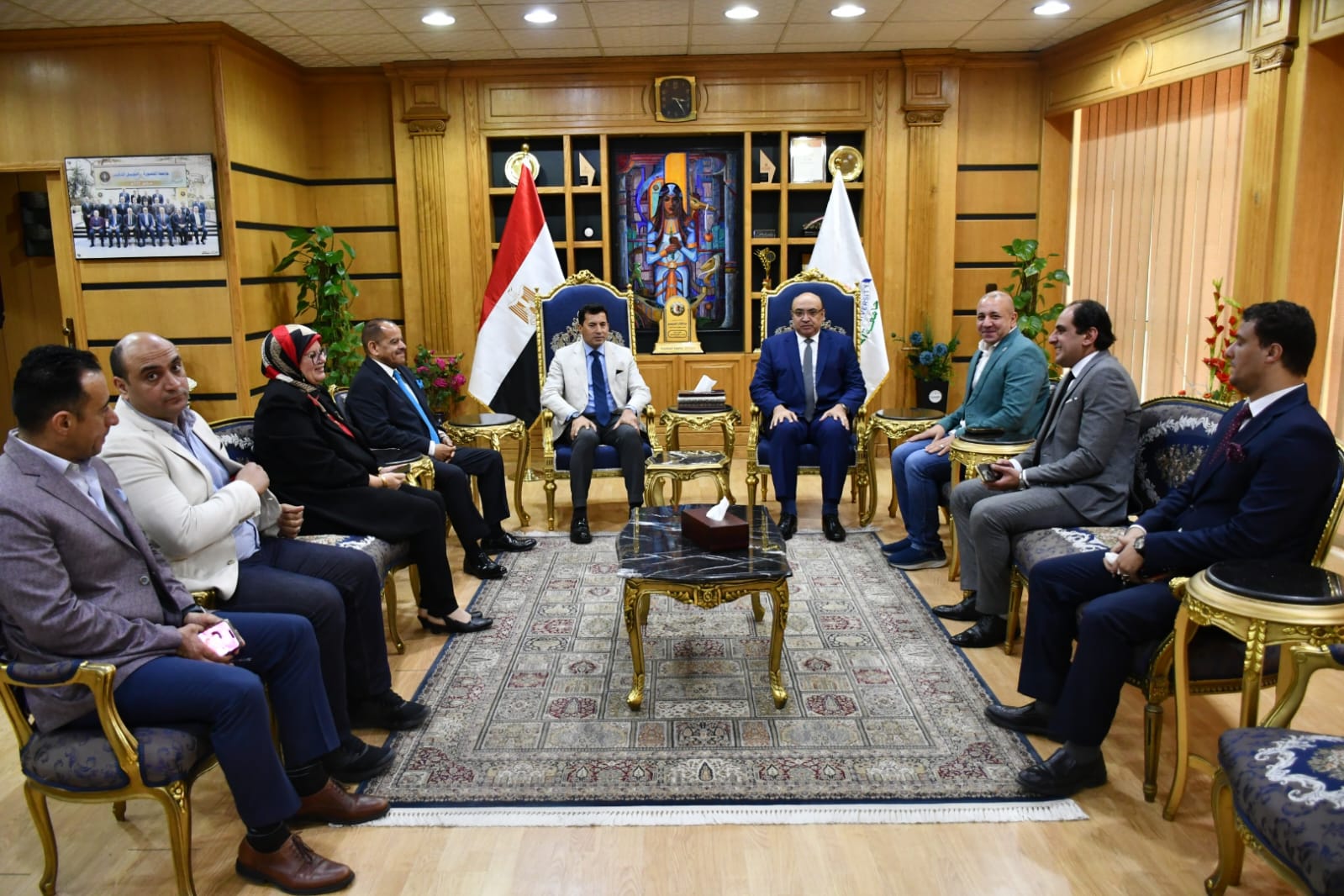 وزير الشباب والرياضة يزور جامعة المنصورة للمشاركة في مناقشة رسالة دكتوراه بكلية التجارة